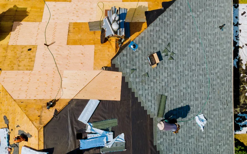 roof replacement from drone - new sheathing and Owens Corning asphalt shingle system